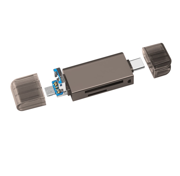 Lector Brobotix OTG SD  y micro SD USB tipo A con micro USB y tipo C color Humo