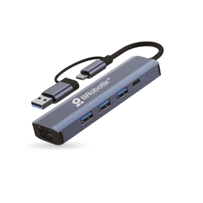 Docking Brobotix 5 en 2 con conector dual  USB A y tipo C A USB V3.0x3 USB tipo C Y RJ45 Gigabit color Plateado