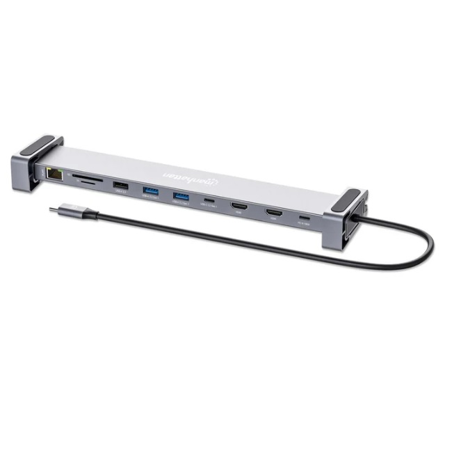 Docking Station Manhattan plata 1xUSB C  3xUSB A 1xPD 1xSD 1xRJ45 2xHDMI 1xMicroSD 269x60x30mm