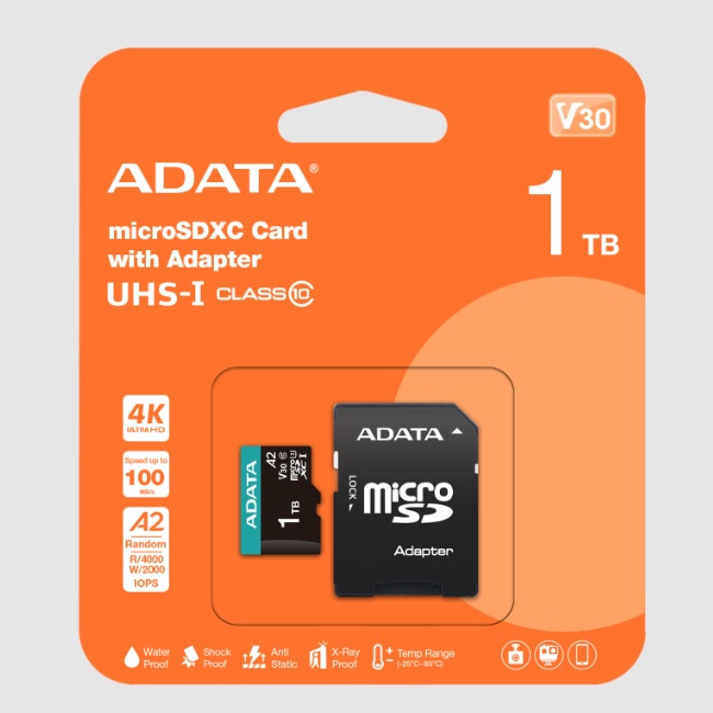 Memoria ADATA 1TB MicroSD con adaptador SD UHS-I clase10 A2 U3 V30 100MB/s