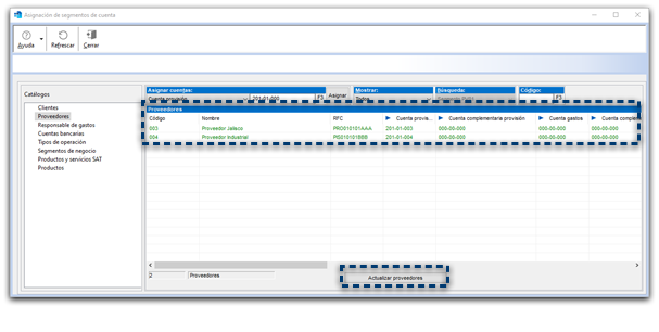 Lista de proveedores con cuenta asignada