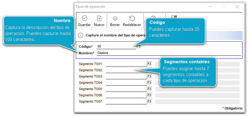 Ventana Tipos de Operacion con 7 segmentos