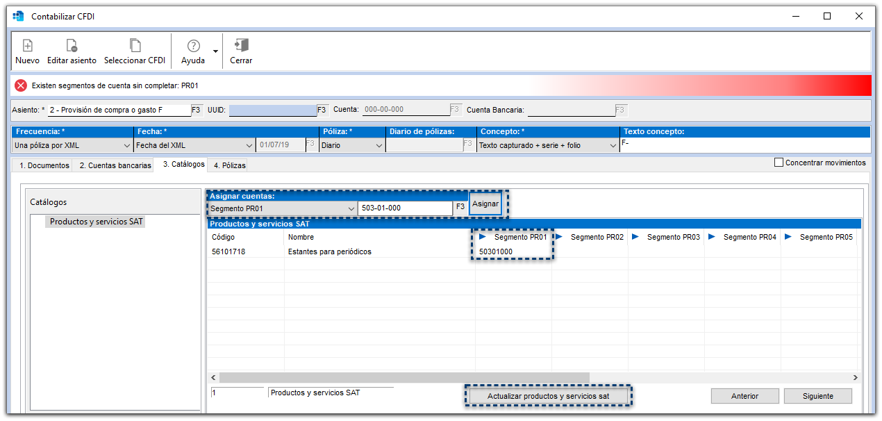 Asignacion de cuenta a Productos SAT