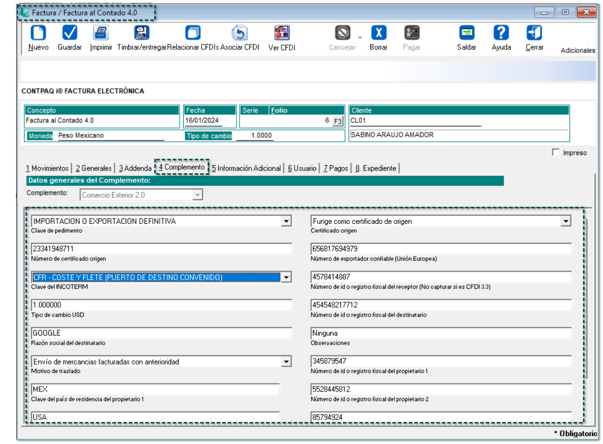 Documento con Complemento Comercio Exterior
