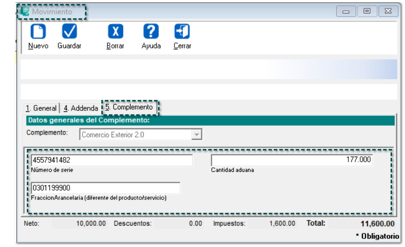 Movimiento con Complemento Comercio Exterior