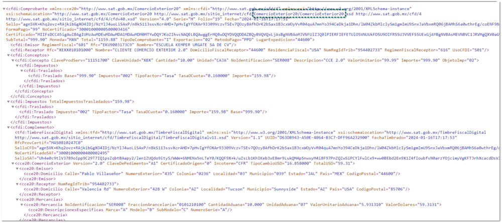 XML del Complemento Comercio Exterior